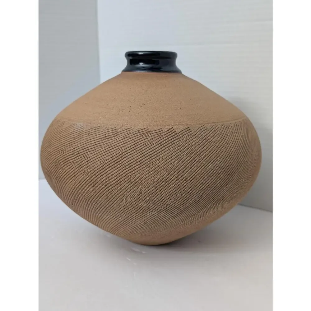 Renee Margolin Studio Pottery Vase Carved Textured Ceramic Vessel Art